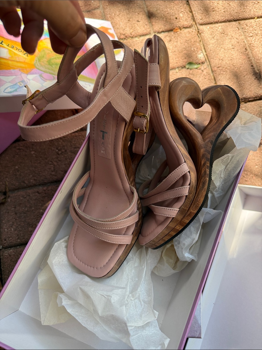 Women's Pink Sculpted-Wood Platform Sandal - Designer Style - Picture 2 of 2